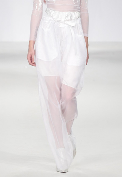 White organza trousers are made from a sheer fabric type