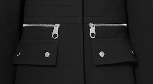 Close up photo of black coat with inset pocket detailing