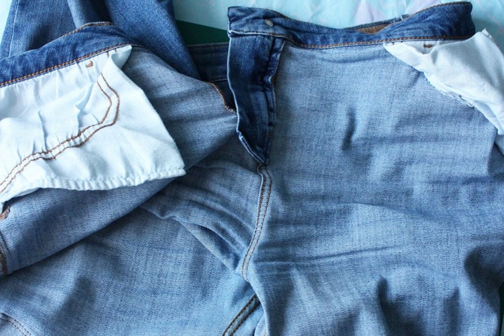 Photo of the inside front of a pair of blue denim Fat Face jeans used to make a sewing pattern.