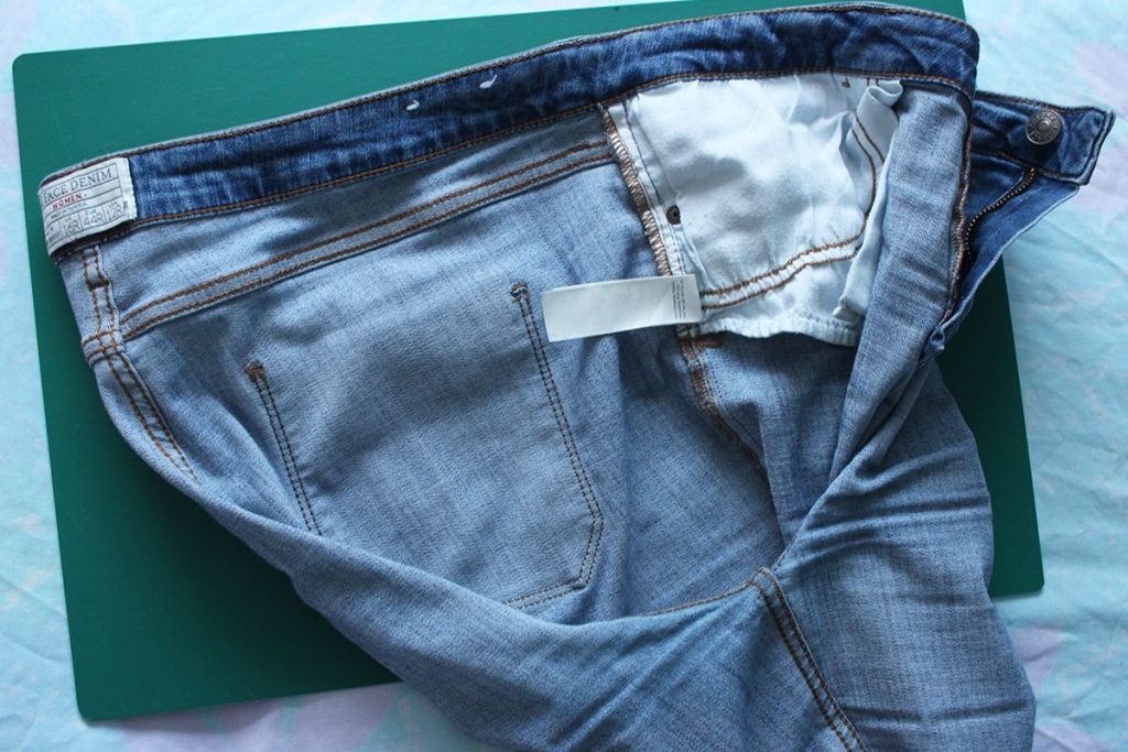 Photo of the inside front of a pair of blue denim Fat Face jeans used to make a sewing pattern.