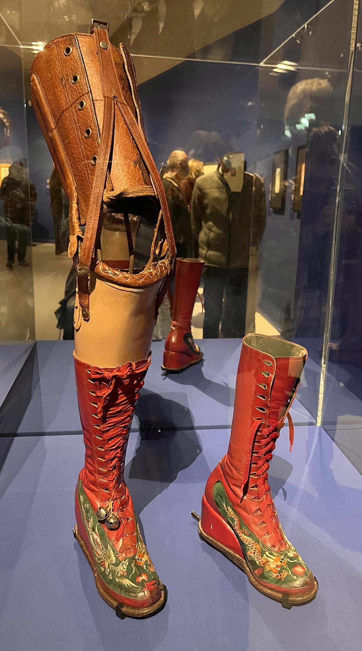 The beautiful red leather boots with gold embroidery that Frida had made to be worn with her prosthesis