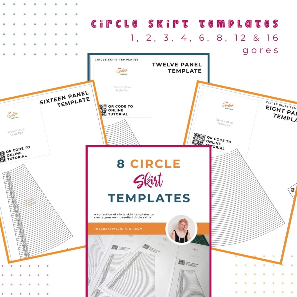 Graphic showing the free circle skirt template available to create paneled circle skirts