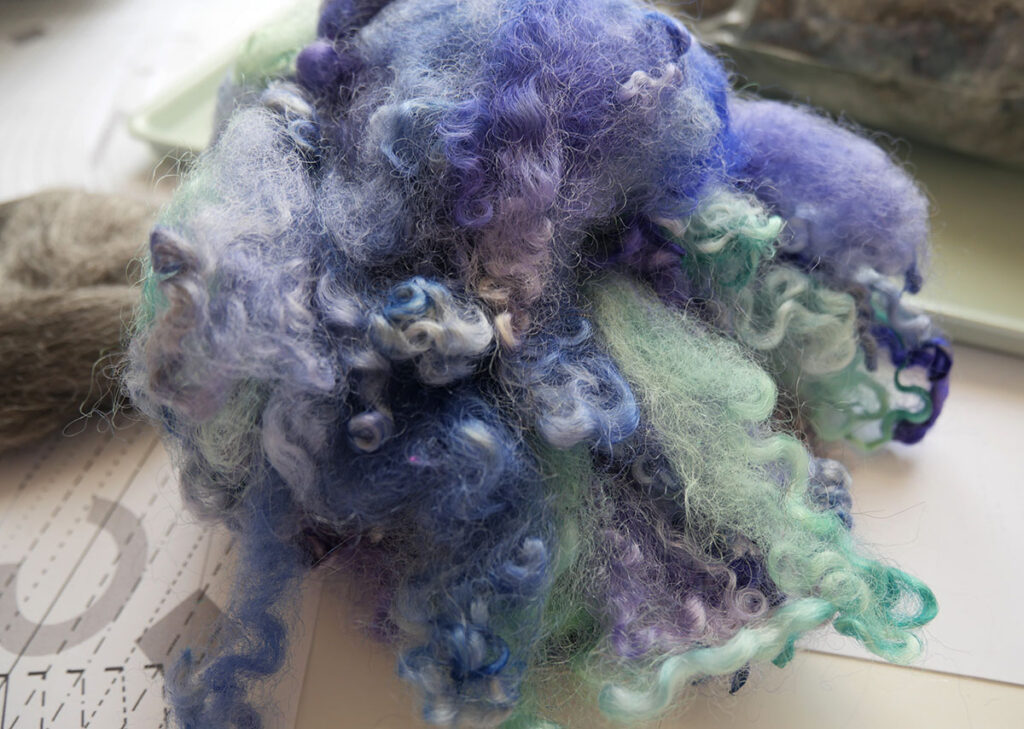 Hand dyed wool fiber from sheep in purple and green before being made into yarn for socks