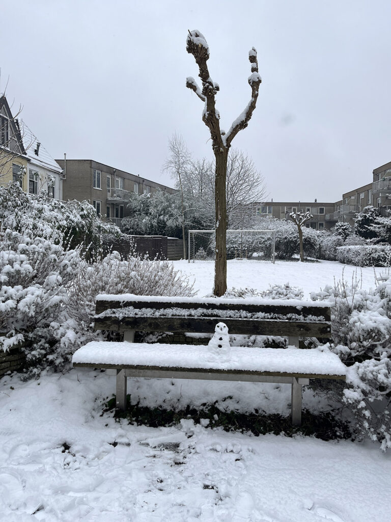 I made a 'good luck' snowman on a bench in the snow