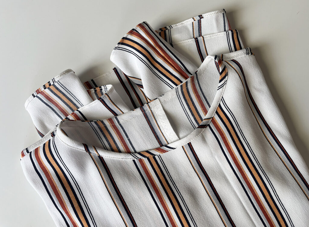 The finished Linn Tee in striped rayon fabric