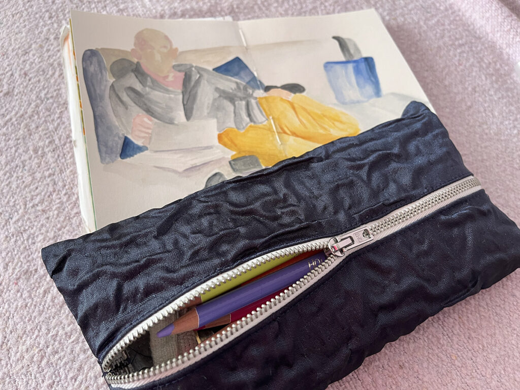 The finished DIY pencil case with pencils inside, using my tutorials on how to make a pencil case