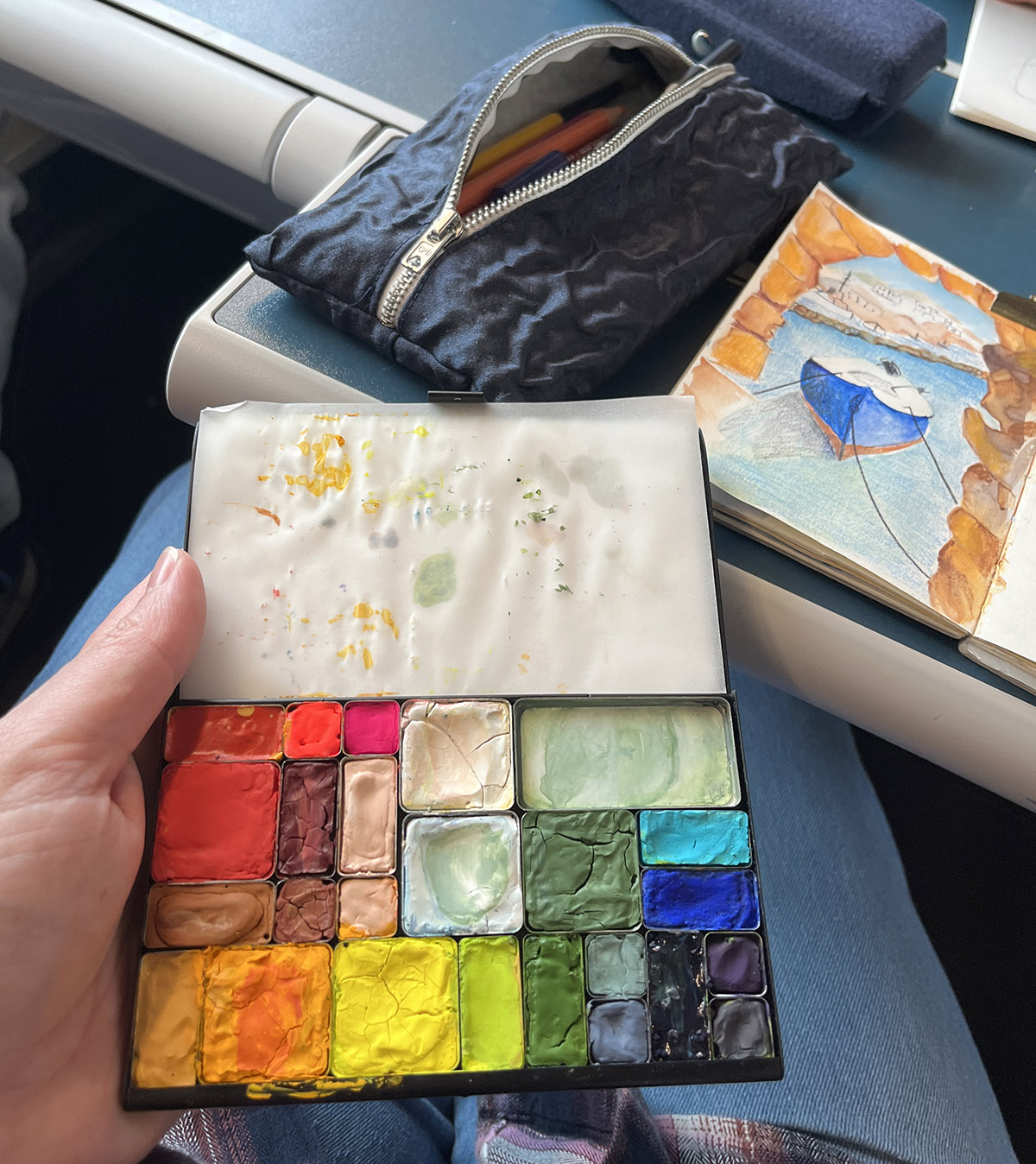 Putting my DIY pencil case to good use with limited pencils on a recent trip