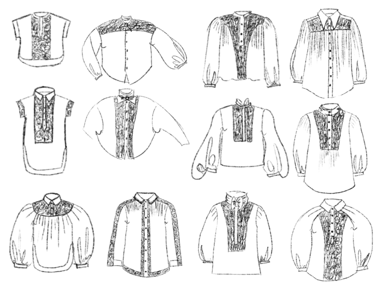 A page of design sketches for my current shirt project inside Creative Dressmaking membership