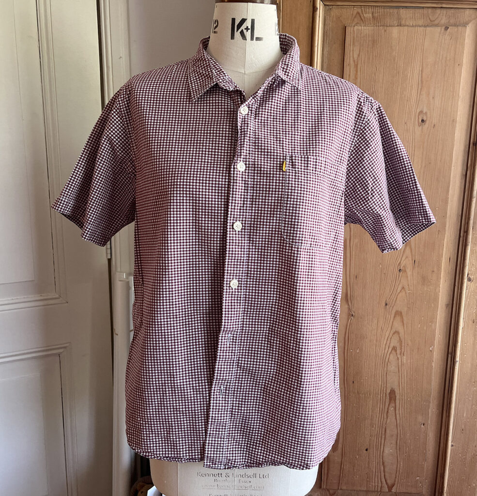 My Pa's handed down maroon gingham shirt on dress form
