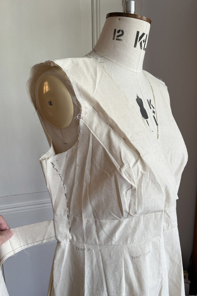 Front bodice view of Sarah bridesmaid dress toile