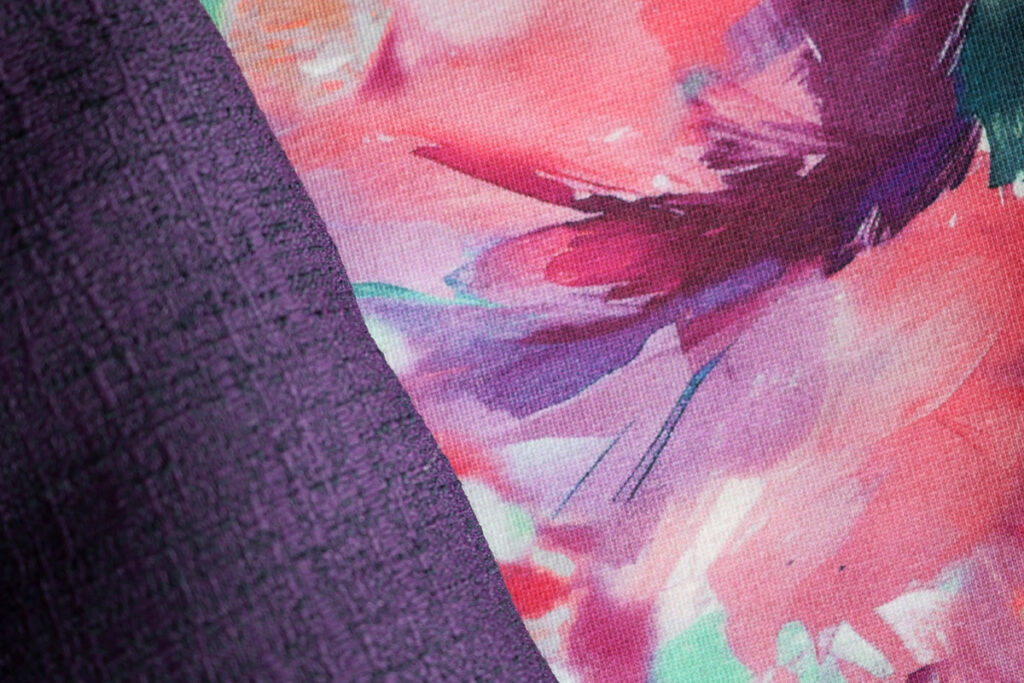 The purple woven fabric with the floral French terry